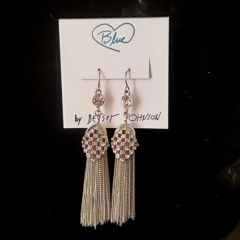 New! Blue By BETSEY JOHNSON Elegant Silvery Crystal & Chain Tassel Earrings.